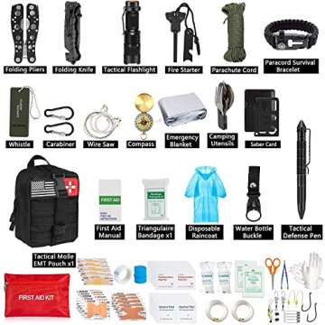 200Pcs Emergency Survival Kit and First Aid Kit Professional Survival Gear SOS Emergency Tool with Molle Pouch for Camping Adventures (Black)