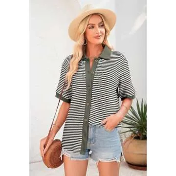 Dokotoo Womens Spring Summer Short Sleeve Waffle Knit Tops for Women Trendy Stripe Button V Neck Tee...