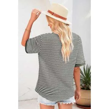 Dokotoo Womens Spring Summer Short Sleeve Waffle Knit Tops for Women Trendy Stripe Button V Neck Tee Shirts Casual Loose Fit Blouses Fashion Outfits Green Stripe Large