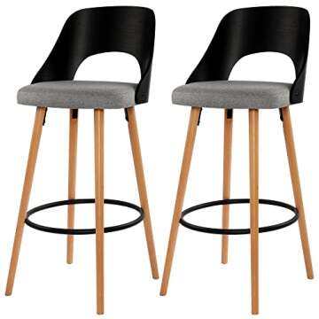 NOBPEINT Wooden Bar Chairs with Gray Fabric Seat, Solid Wood Backrest, Metal Footrest, 30 Inch Height, Set of 2, Walnut Finish (Black)