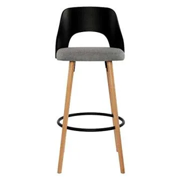 NOBPEINT Wooden Bar Chairs with Gray Fabric Seat, Solid Wood Backrest, Metal Footrest, 30 Inch Height, Set of 2, Walnut Finish (Black)