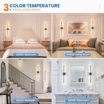 NIORSUN 27.6 Inch Battery Operated Wall Sconce Set of 2, 360° Rotation Black Rechargeable Wall Lights with Detachable Tube and Remote, 3CCT Dimmable Wireless Wall Lamp for Living Room Bedroom Hallway