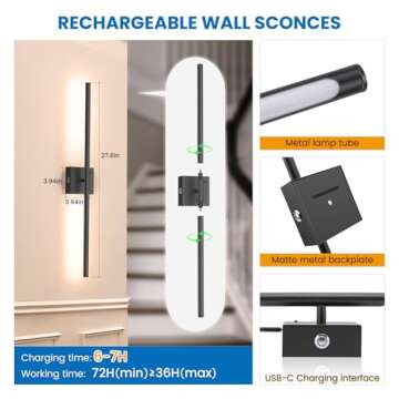 NIORSUN 27.6 Inch Battery Operated Wall Sconce Set of 2, 360° Rotation Black Rechargeable Wall Lights with Detachable Tube and Remote, 3CCT Dimmable Wireless Wall Lamp for Living Room Bedroom Hallway