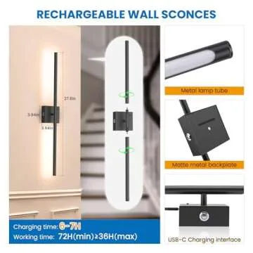 NIORSUN 27.6 Inch Battery Operated Wall Sconce Set of 2, 360° Rotation Black Rechargeable Wall Lights with Detachable Tube and Remote, 3CCT Dimmable Wireless Wall Lamp for Living Room Bedroom Hallway
