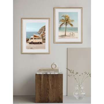 Framed Coastal Beach Wall Art Set of 2 – Sunny Days Holiday Vintage Camper Van and Bicycle with Pa...