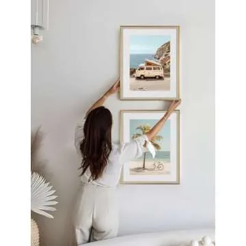 Framed Coastal Beach Wall Art Set of 2 – Sunny Days Holiday Vintage Camper Van and Bicycle with Palm Tree Prints – Tropical Travel Decor for Living Room, Bedroom, Bathroom – 16x20 Inches