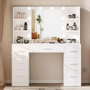 Irontar Vanity Desk, 43.3''L Makeup Vanity with 10 LED Lights & 7 Metal Sliding Drawers, Brightness Adjustable, Vanity Table with 6 Open Shelves, Makeup Table for Women, White WDT005W