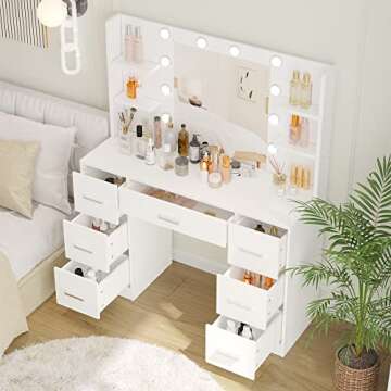 Irontar Vanity Desk, 43.3''L Makeup Vanity with 10 LED Lights & 7 Metal Sliding Drawers, Brightness Adjustable, Vanity Table with 6 Open Shelves, Makeup Table for Women, White WDT005W