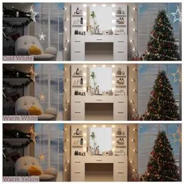 Irontar Vanity Desk, 43.3''L Makeup Vanity with 10 LED Lights & 7 Metal Sliding Drawers, Brightness Adjustable, Vanity Table with 6 Open Shelves, Makeup Table for Women, White WDT005W