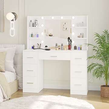 Irontar Vanity Desk, 43.3''L Makeup Vanity with 10 LED Lights & 7 Metal Sliding Drawers, Brightness Adjustable, Vanity Table with 6 Open Shelves, Makeup Table for Women, White WDT005W