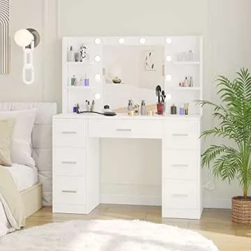 Irontar Vanity Desk, 43.3''L Makeup Vanity with 10 LED Lights & 7 Metal Sliding Drawers, Brightness Adjustable, Vanity Table with 6 Open Shelves, Makeup Table for Women, White WDT005W
