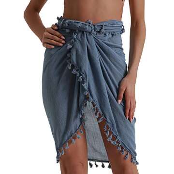 Eicolorte Beach Sarong Pareo Womens Semi-Sheer Swimwear Cover Ups Short Skirt with Tassels (Bule-Short)