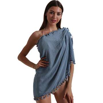Eicolorte Beach Sarong Pareo Womens Semi-Sheer Swimwear Cover Ups Short Skirt with Tassels (Bule-Short)