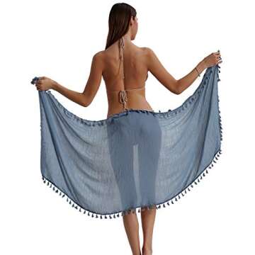 Eicolorte Beach Sarong Pareo Womens Semi-Sheer Swimwear Cover Ups Short Skirt with Tassels (Bule-Short)