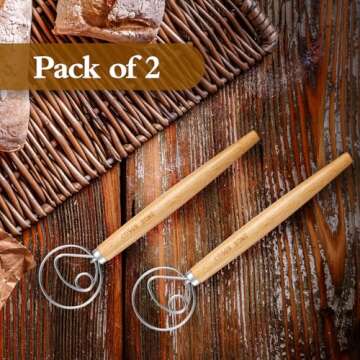 Pack of 2 Danish Dough Whisk Blender Dutch Bread Whisk Hook Wooden Hand Mixer Sourdough Baking Tools...