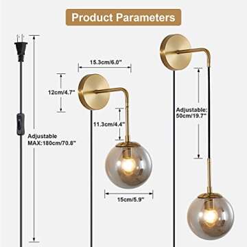KCO Modern Globe Wall Sconce with Plug in Industrial Vintage Wall Lamp On/Off Switch Adjustable Mini...