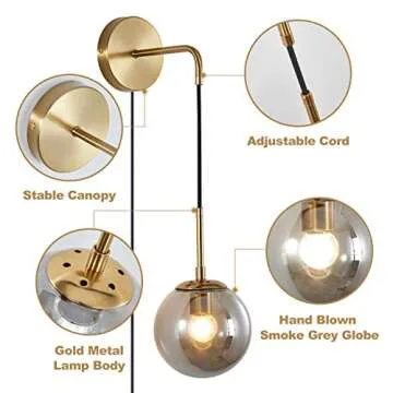 KCO Modern Globe Wall Sconce with Plug in Industrial Vintage Wall Lamp On/Off Switch Adjustable Minimalist 1-Light Mounted Reading Lamps for Bedroom Living Room Corridor(Smoke Gray & 2-Pack)