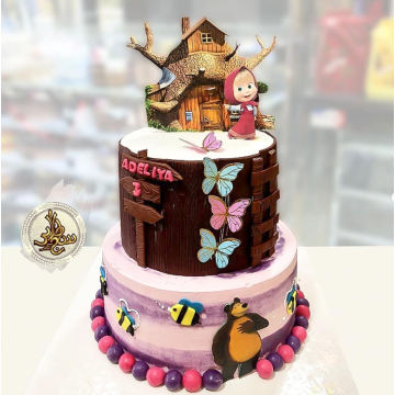 کیک تولد ماشا و خرس دوطبقه بنفش قهوه‌ای کودک کاراکتر ف?...