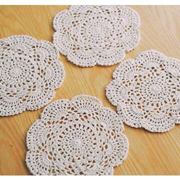 Phantomon 8 Inch Doilies Crochet Round Lace Doily Handmade Placemats 100% Cotton Crocheted Coasters, Pack of 4 (Beige)