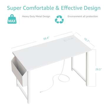 Lufeiya 39 inch White Computer Desk with Power Outlet, 40 inch Teen Study Table Home Office Work Writing Desks with Charging Station Outlets Built in, White