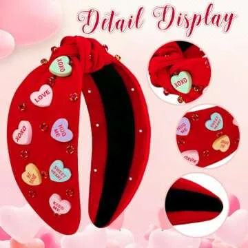 Gushu 2 Pack Valentine’s Day Headbands for Women Valentines Pink and Red Knotted Headband Crystal Jeweled Wide Top Knot Headband Valentine’s Day Hair Accessories Gifts