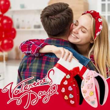 Gushu 2 Pack Valentine’s Day Headbands for Women Valentines Pink and Red Knotted Headband Crystal Jeweled Wide Top Knot Headband Valentine’s Day Hair Accessories Gifts