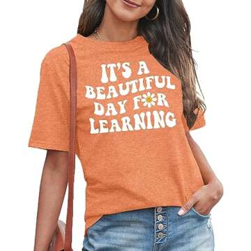 MAIHUN Women Teacher Life Shirt Teacher Gift Short Sleeve Shirts Its a Beautiful Day for Learning T-Shirt Orange