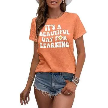 MAIHUN Women Teacher Life Shirt Teacher Gift Short Sleeve Shirts Its a Beautiful Day for Learning T-Shirt Orange
