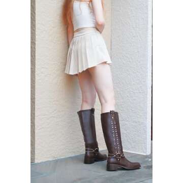 MUCCCUTE Brown Knee High Boots for Women Moto Boots Tall Square Toe Slip On Chunky Low Heel Biker Riding Boots Fashion Size 8.5