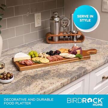 BIRDROCK HOME Acacia Wooden Serving Board with Handle - Long Charcuterie Tray for Party Cheese, Meat...