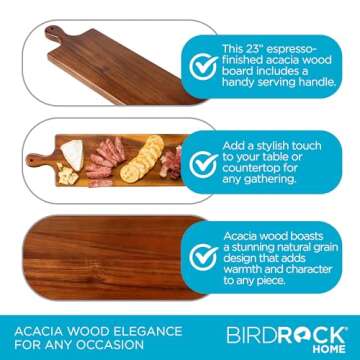 BIRDROCK HOME Acacia Wooden Serving Board with Handle - Long Charcuterie Tray for Party Cheese, Meat, Fruit & Bread Display - Decorative Food Platter for Kitchen - Natural Wood - Espresso, 23”
