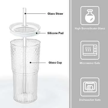 4Pack Glass Cups With Lids and Glass Straws, 20 OZ High Borosilicate Tumbler Glass Iced Coffee, Wide Mouth Smoothies, Bubble Tea, Juice, Milk, Cocktails Jars, Travel Mugs
