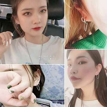 Pair Double Hoop Earrings for Women 925 Sterling Silver Small Huggie Dangle Slave Chain Drop Second ...