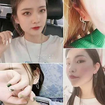 Pair Double Hoop Earrings for Women 925 Sterling Silver Small Huggie Dangle Slave Chain Drop Second ...