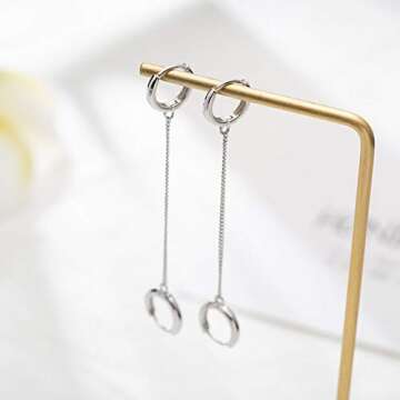 Pair Double Hoop Earrings for Women 925 Sterling Silver Small Huggie Dangle Slave Chain Drop Second Hole Helix Post Multiple Studs Lobe Piercing Cuff Cartilage Men Personalized Jewelry Goth Punk