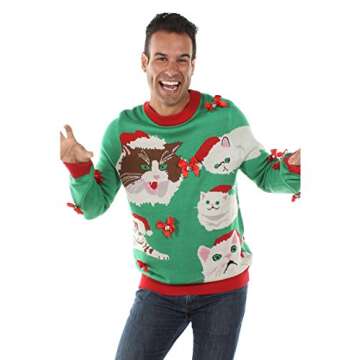 Tipsy Elves Men's Crazy Cat Man Ugly Christmas Sweater (Small) Green