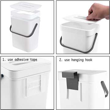 LALASTAR Compost Bin Indoor Kitchen Sealed, Hanging Small Trash Can with Lid Under Sink for Kitchen, Food Waste Bin for Countertop, Mountable Garbage Can for Bathroom, RV, 5L/1.3 Gal, White
