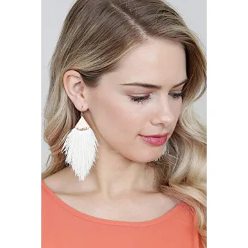 Bohemian Silky Thread Fan Fringe Tassel Statement Earrings - Lightweight Strand Feather Shape Dangles (Feather Fringe - White)