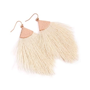 Bohemian Silky Thread Fan Fringe Tassel Statement Earrings - Lightweight Strand Feather Shape Dangles (Feather Fringe - White)
