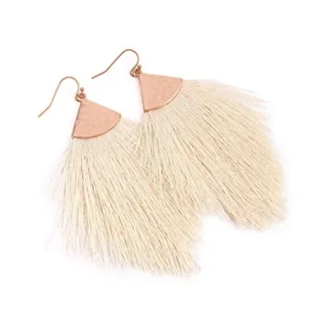 Bohemian Silky Thread Fan Fringe Tassel Statement Earrings - Lightweight Strand Feather Shape Dangles (Feather Fringe - White)