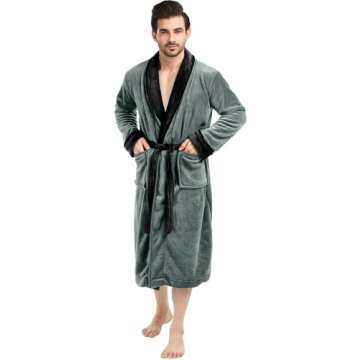 NY Threads Luxurious Men's Shawl Collar Fleece Bathrobe Long Spa Robe, Large-X-Large, Steel Grey Black