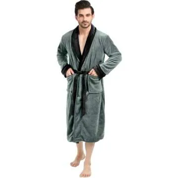 NY Threads Luxurious Men's Shawl Collar Fleece Bathrobe Long Spa Robe, Large-X-Large, Steel Grey Black