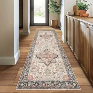 GENIMO 2x5 Runner Rugs for Hallway, Machine Washable Non Slip Vintage Retro Rugs, Low Pile Lightweight Soft Print Rug for enrtyway, Corridor, Home Office, Kitchen, Rosy