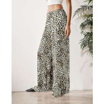 HOCANDY Womens Tie Waist Cheetah Pants Baggy Low Rise Flare Pants Drawstring Leopard Print Wide Leg ...