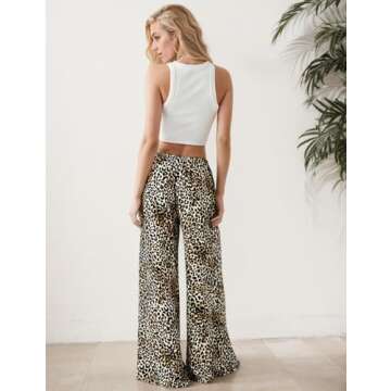 HOCANDY Womens Tie Waist Cheetah Pants Baggy Low Rise Flare Pants Drawstring Leopard Print Wide Leg Trousers with Pockets