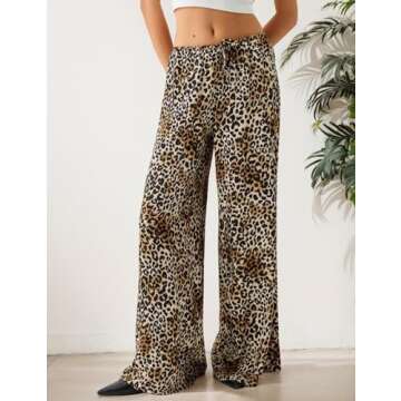 HOCANDY Womens Tie Waist Cheetah Pants Baggy Low Rise Flare Pants Drawstring Leopard Print Wide Leg Trousers with Pockets