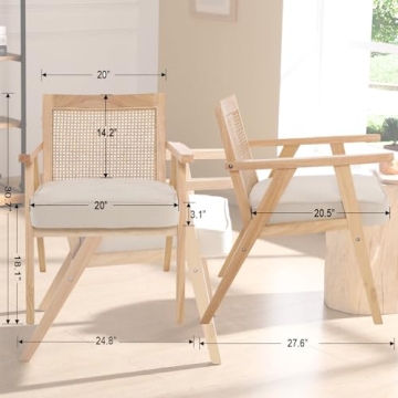 ZHENGHAO Mid Century Modern Accent Chair Upholstered Lounge Armchair with Mesh Back Retro Wooden Rattan Chair for Living Bedroom Office Reception (Light Beige)
