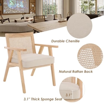 ZHENGHAO Mid Century Modern Accent Chair Upholstered Lounge Armchair with Mesh Back Retro Wooden Rattan Chair for Living Bedroom Office Reception (Light Beige)