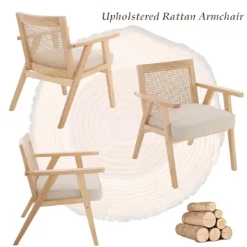 ZHENGHAO Mid Century Modern Accent Chair Upholstered Lounge Armchair with Mesh Back Retro Wooden Rattan Chair for Living Bedroom Office Reception (Light Beige)