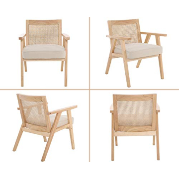 ZHENGHAO Mid Century Modern Accent Chair Upholstered Lounge Armchair with Mesh Back Retro Wooden Rattan Chair for Living Bedroom Office Reception (Light Beige)